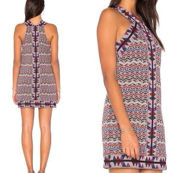 BCBG Maxazria Dress Small Multicolor Halter Bodycon Boho Aztec Mini Geo Mosaic - Picture 1 of 9